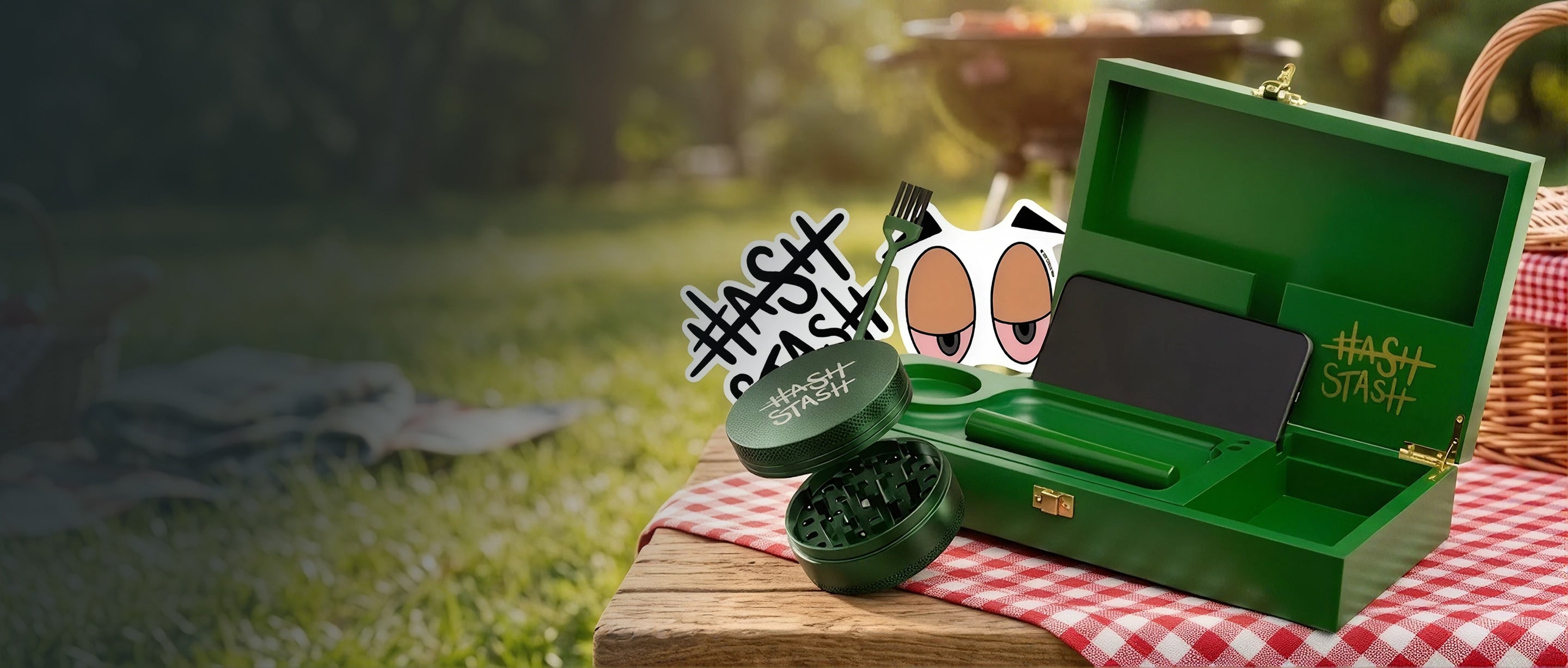 A green plastic pop-up grill set displayed on a red-and-white checkered picnic blanket outdoors on a grassy lawn. The set includes a green HashStash Stashbox with a pop-up lid and a Grinder